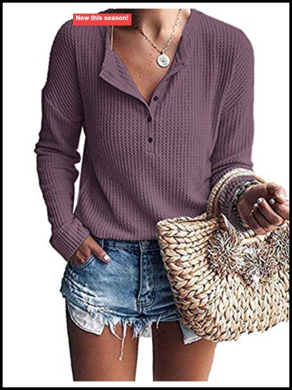Waffle Knit Henley Tunic Top Long Sleeve V Neck Button Down